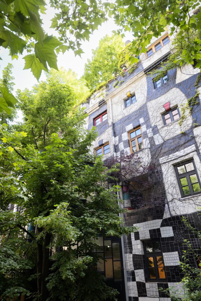 House with a colourful façade and lots of trees around it and on the roof