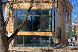 Gebäude mit großen Glasfenstern und Holzfassade, davor steht ein Baum