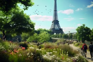 Eiffelturm in Paris in einer grünen üppigen Gartenanlage