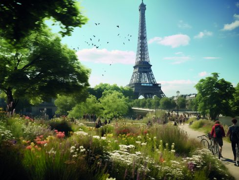 Eiffelturm in Paris in einer grünen üppigen Gartenanlage