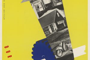 Poster in yellow with blue and red lettering and photos that are in a shaped arrow