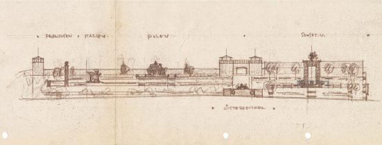 sketch of a building with names of countries written above it