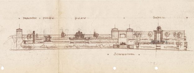 sketch of a building with names of countries written above it