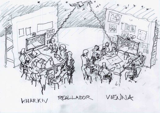 black and white drawing with several people at two tables