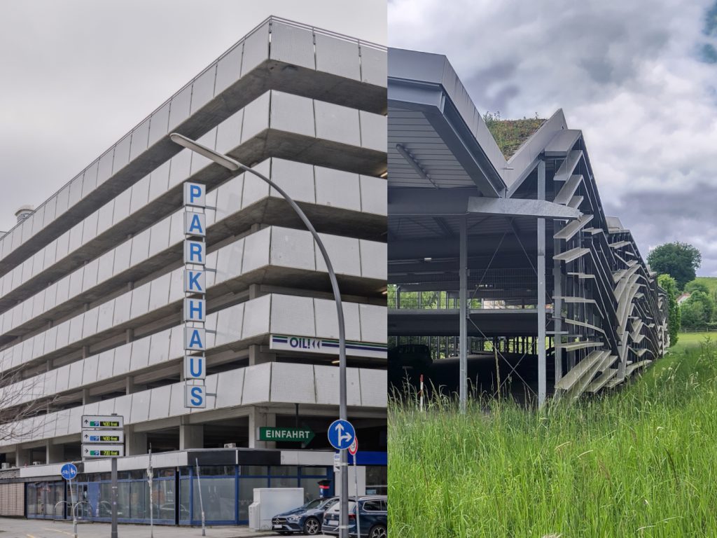 Fotomontage mit 2 Bildern, wo Parkhäuser darauf zu sehen sind