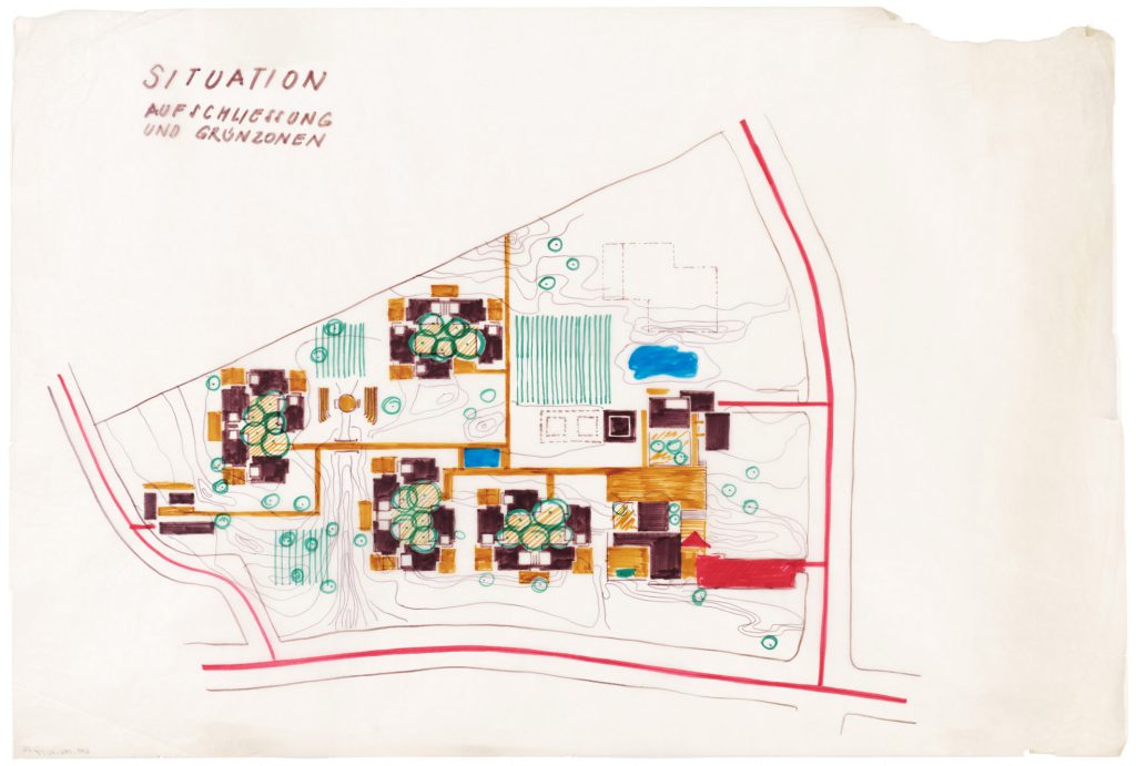 Skizze mit der Aufschrift Situation Aufschließung und Grünzonen