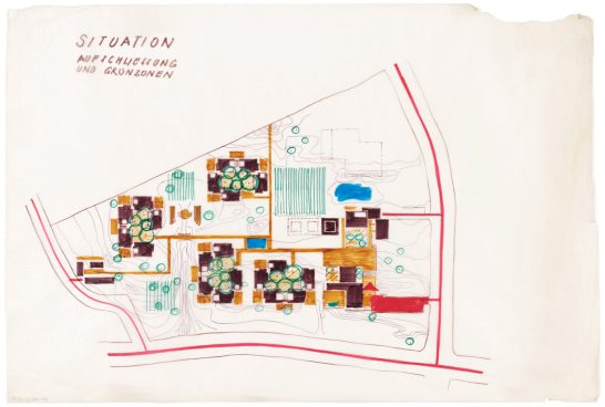 Skizze mit der Aufschrift Situation Aufschließung und Grünzonen