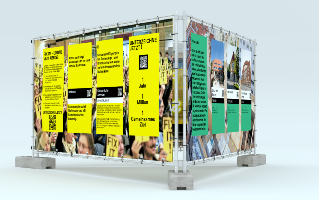 man sieht gelbe und grüne Zettel auf einer Wand die aussieht wie ein Bauzaun