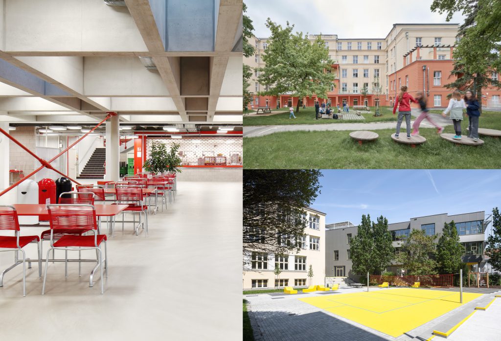 eine Collage aus 3 Fotos: auf einem sind Kinder zu sehen, auf einem anderen ein gelber Boden und auf dem 3. viele rote Tische und Sessel