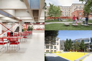 eine Collage aus 3 Fotos: auf einem sind Kinder zu sehen, auf einem anderen ein gelber Boden und auf dem 3. viele rote Tische und Sessel