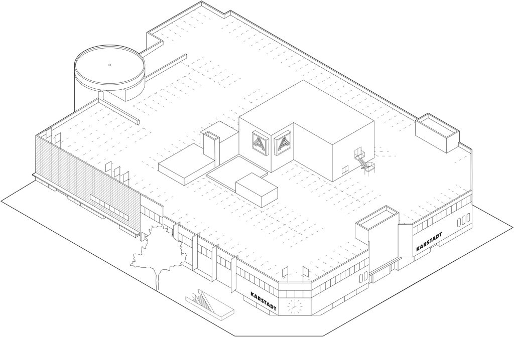 eine computergenerierte Zeichnung von einem Gebäude mit Sicht von oben, auf dem Gebäude steht 