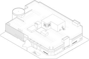eine computergenerierte Zeichnung von einem Gebäude mit Sicht von oben, auf dem Gebäude steht 