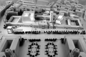 ein schwarz-weiß Foto von einem Architekturmodell