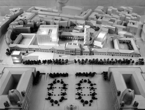 a black-and-white photograph of an architectural model