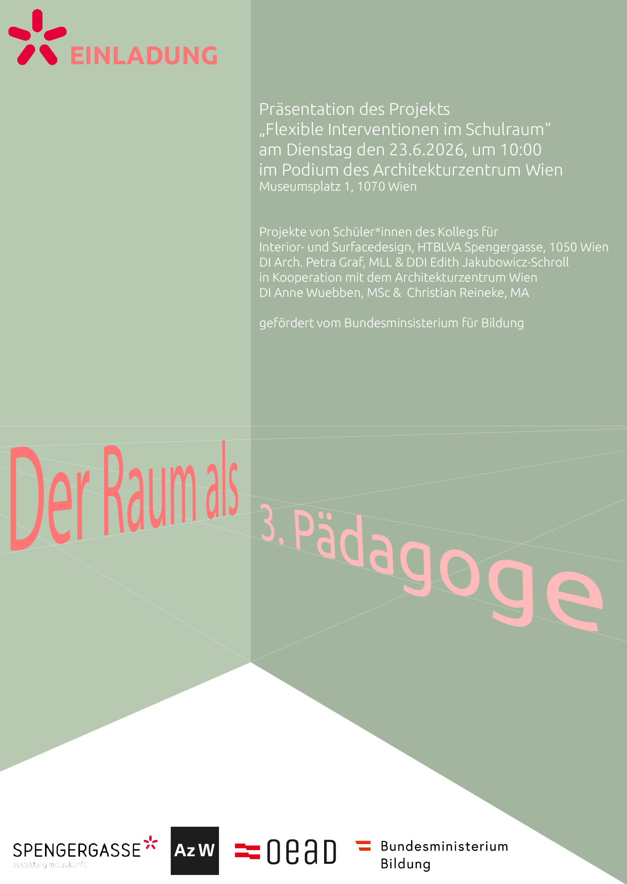 hellgrüne und grüne Fläche auf der steht "Der Raum als 3. Pädagoge"
