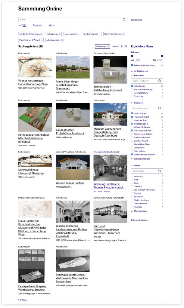 Screenshot von einer Benutzeroberfläche, mehrere Bilder von Architekturmodellen und Bauwerken mit Titeln