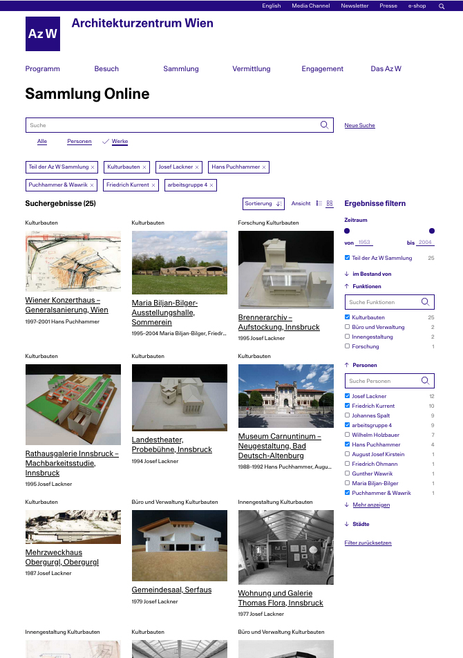 eine Ansicht der Website vom Architekturzentrum Wien mit der Seite der Sammlung Online. Es sind einige Bilder mit Titeln sowie ein Ergebnisfilter zu sehen.